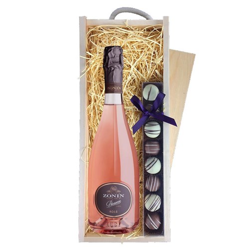Zonin Rose Prosecco D.O.C 75cl & Truffles, Wooden Box